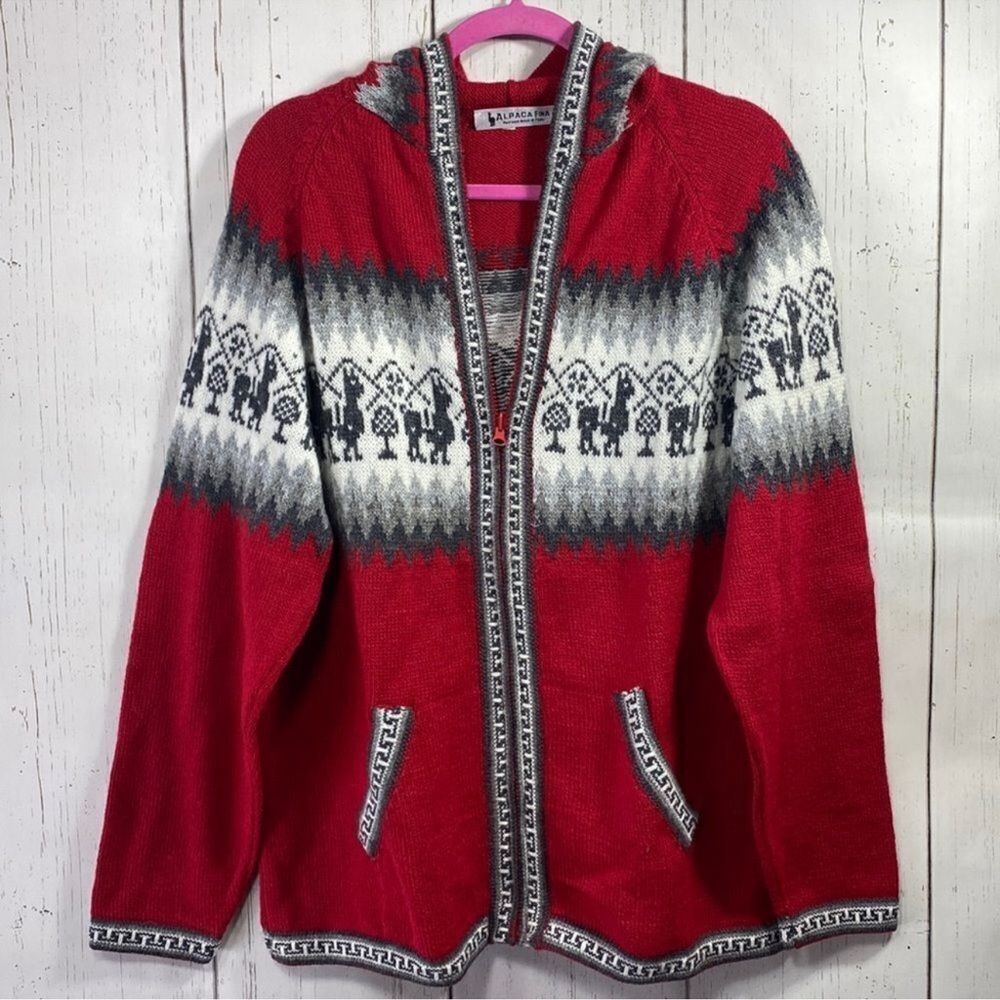 Alpaca Fina Wool Sweater Cardigan Cabin Ski Cozy Zip Hooded Pockets Knit Red